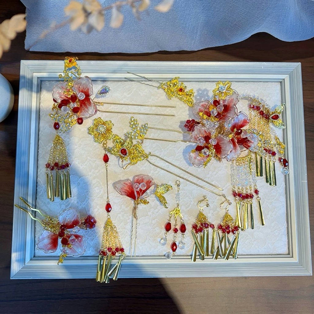 可爱新娘红色水凝胶花朵百搭中式婚礼秀禾服结婚头饰20250123