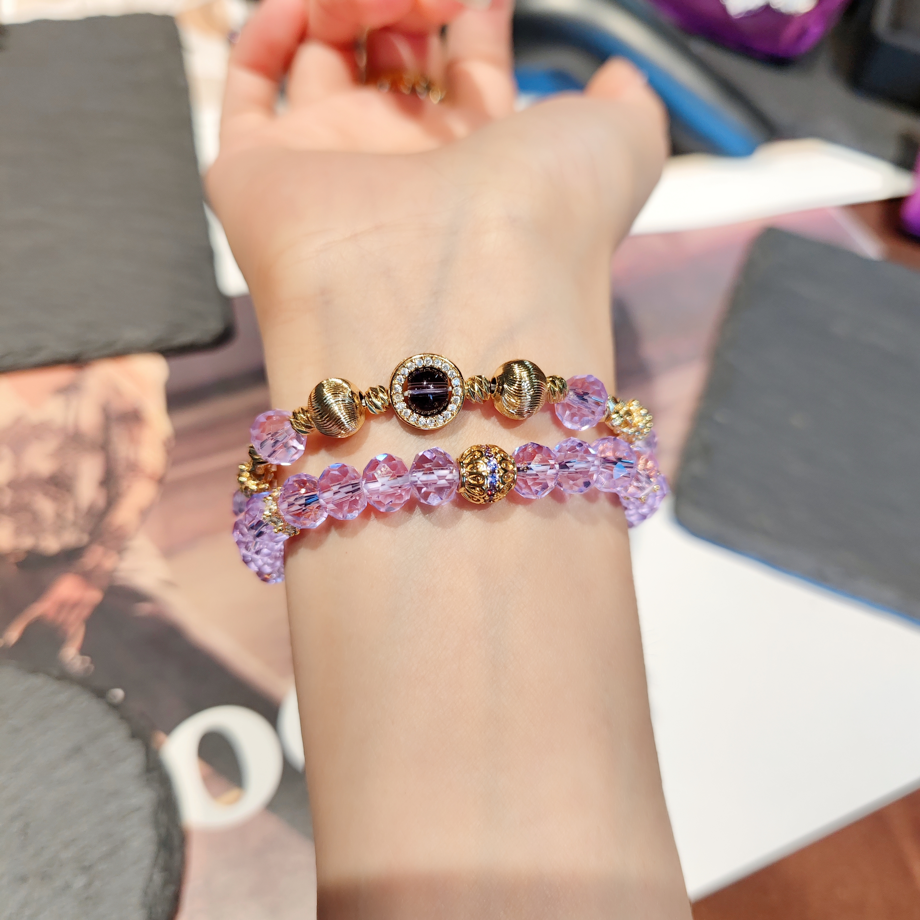 铜合金仿水晶手链 S10 紫色串珠抽拉式气质优雅手链温柔手工轻奢