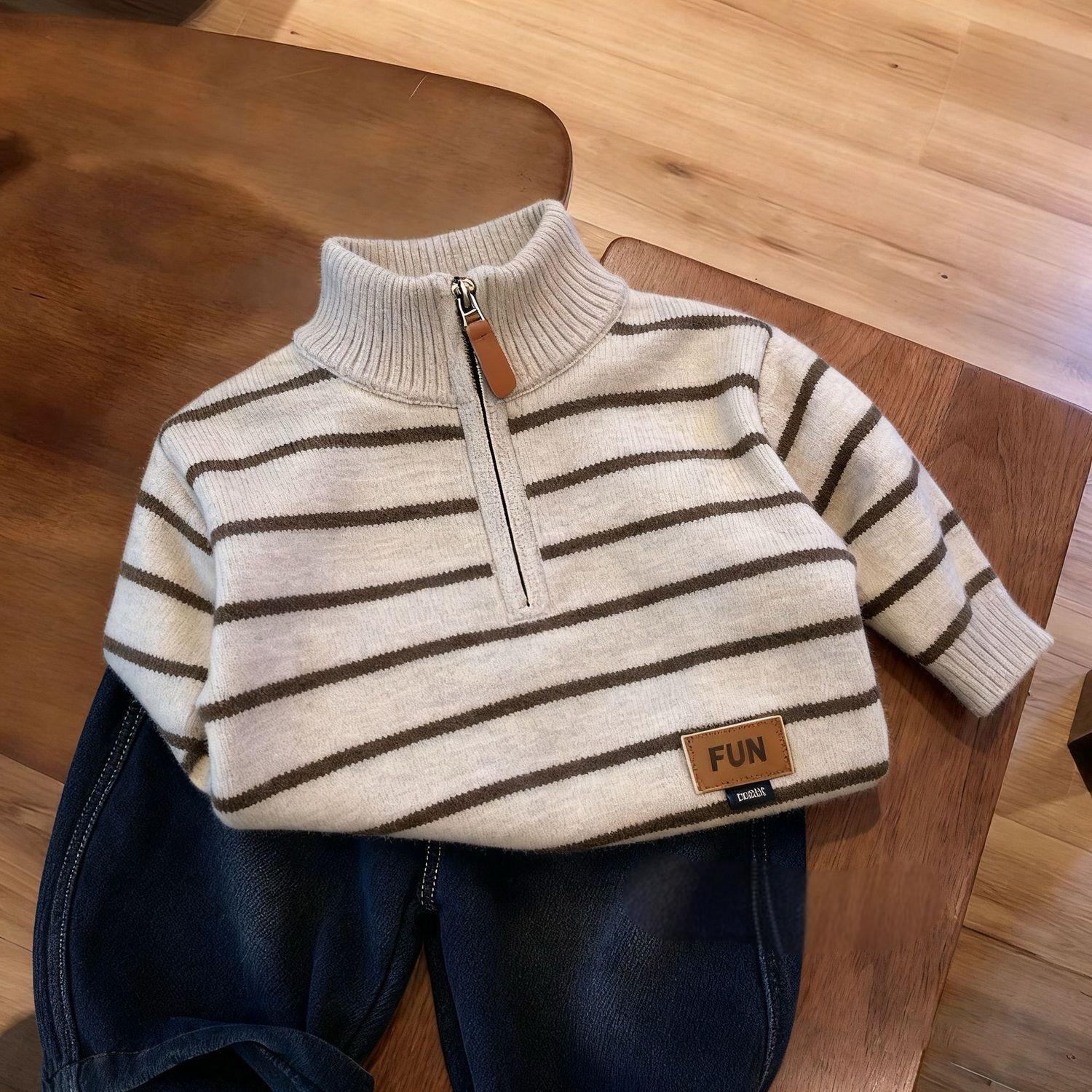 韩系儿童半高领拉链一体绒软糯毛衣秋冬新款洋气条纹撞色针织衫潮