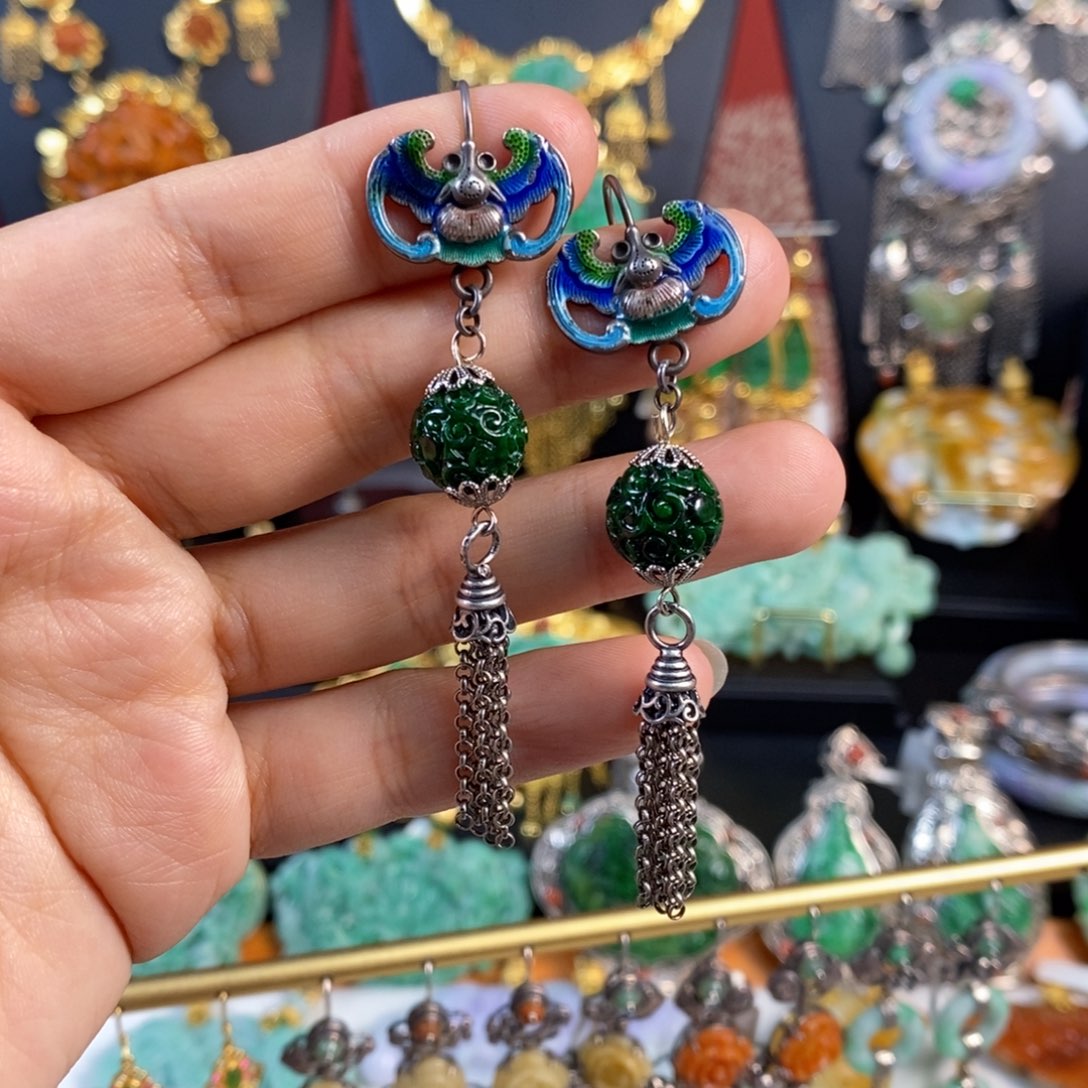 翡翠耳饰未镶嵌花青圆珠耳坠 亏清