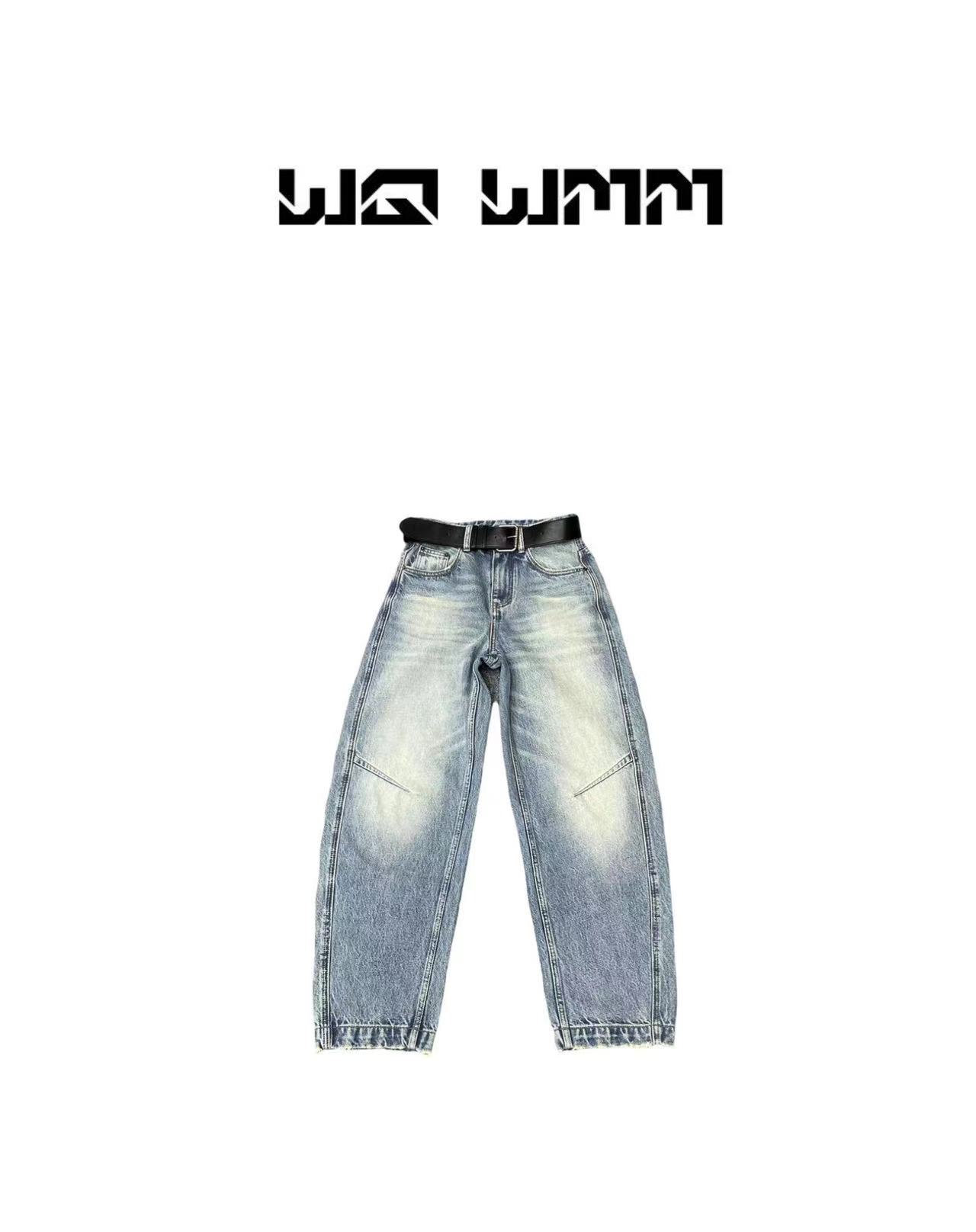 【WQ WMM】小众设计感显瘦弯刀牛仔裤 磨破做旧洗水裁片设计25A1004