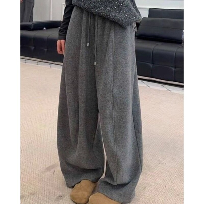 （爆款）抽绳松紧腰加绒加厚秋冬新款休闲毛呢韩版弯刀长裤0283