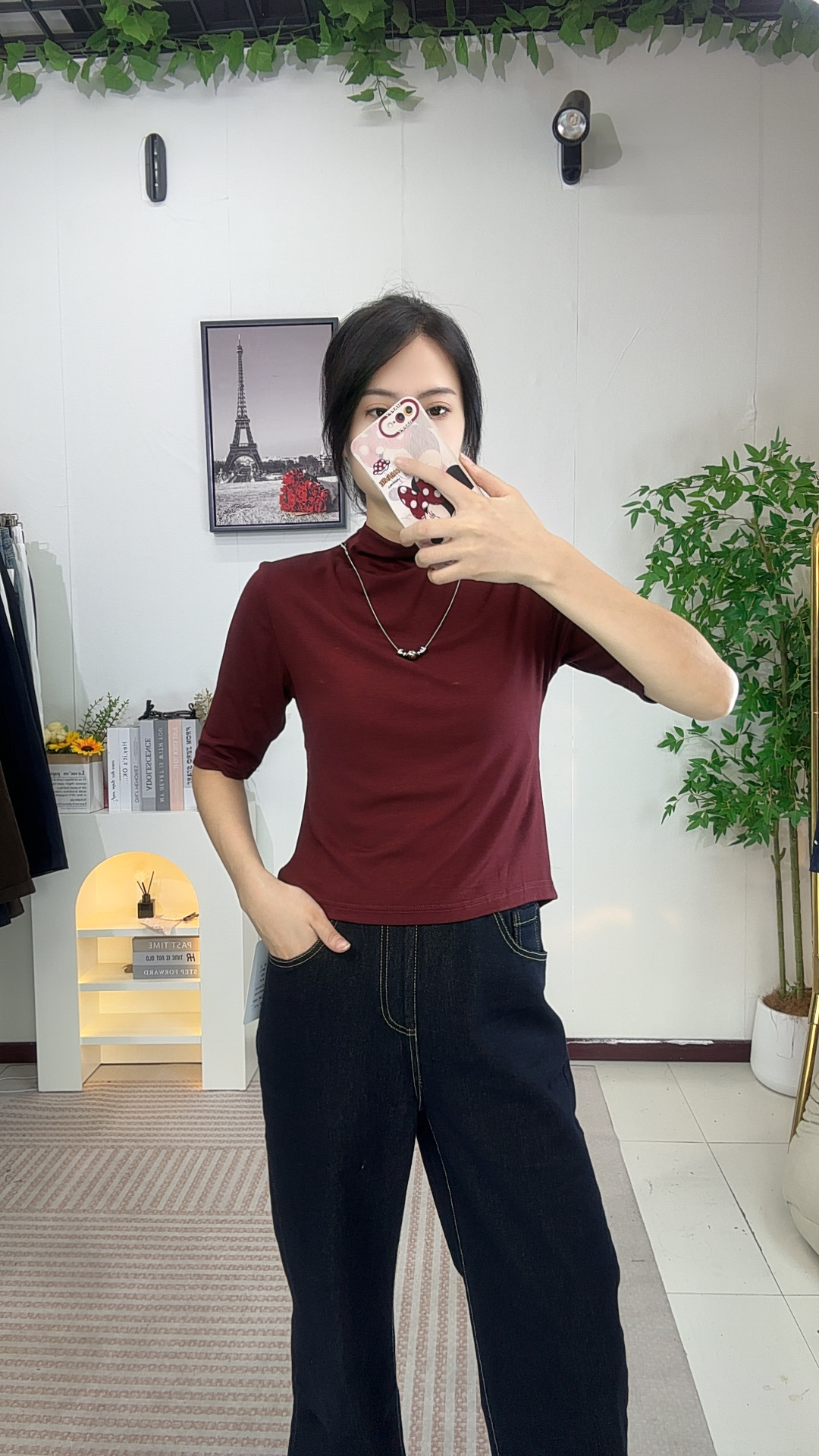五分袖半高领鱼骨闪电显瘦秋装显瘦单穿打底衫纯色