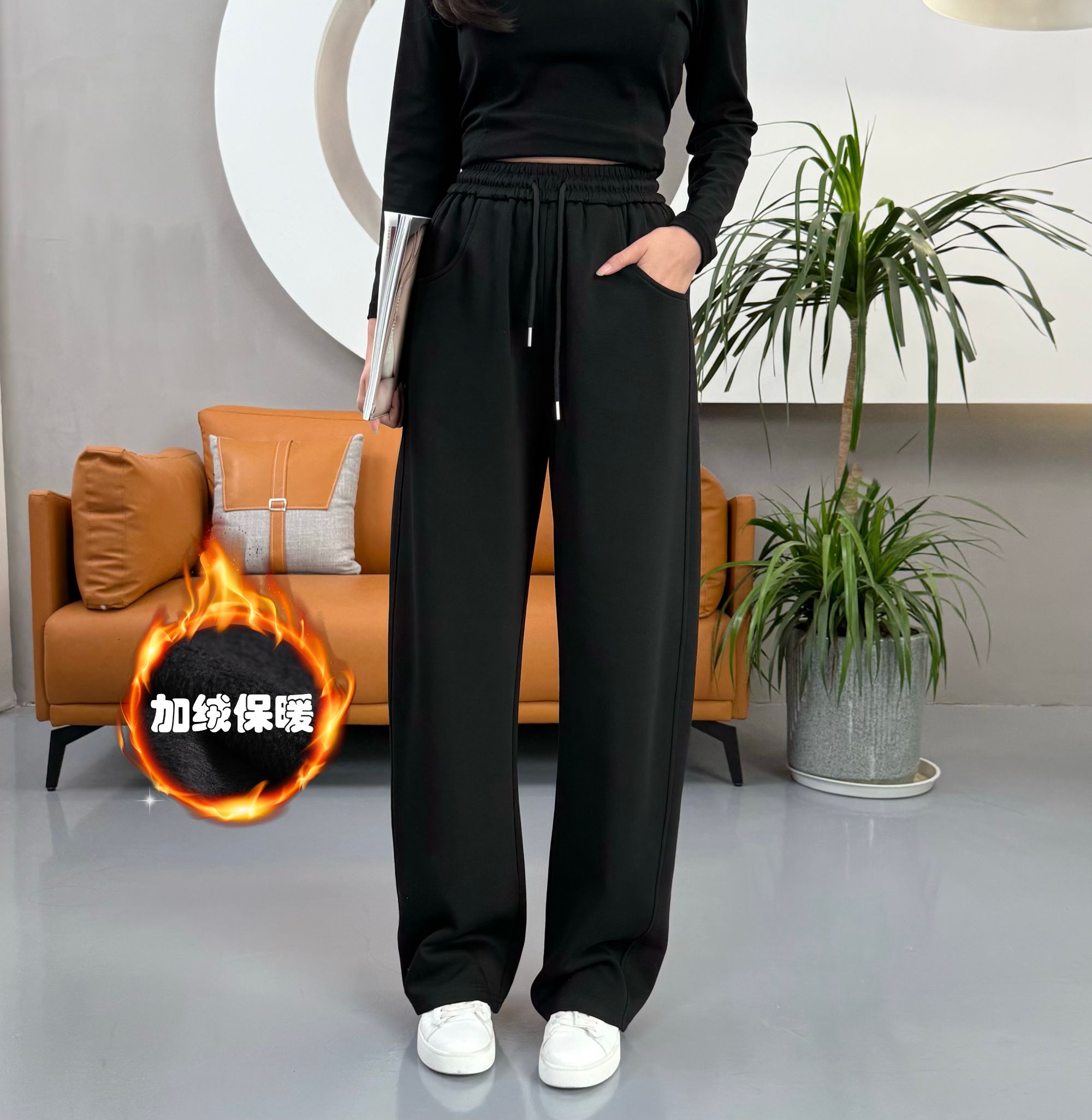 加绒款弯刀阔腿裤2025冬季新款抽绳高腰宽松时尚百搭运动裤