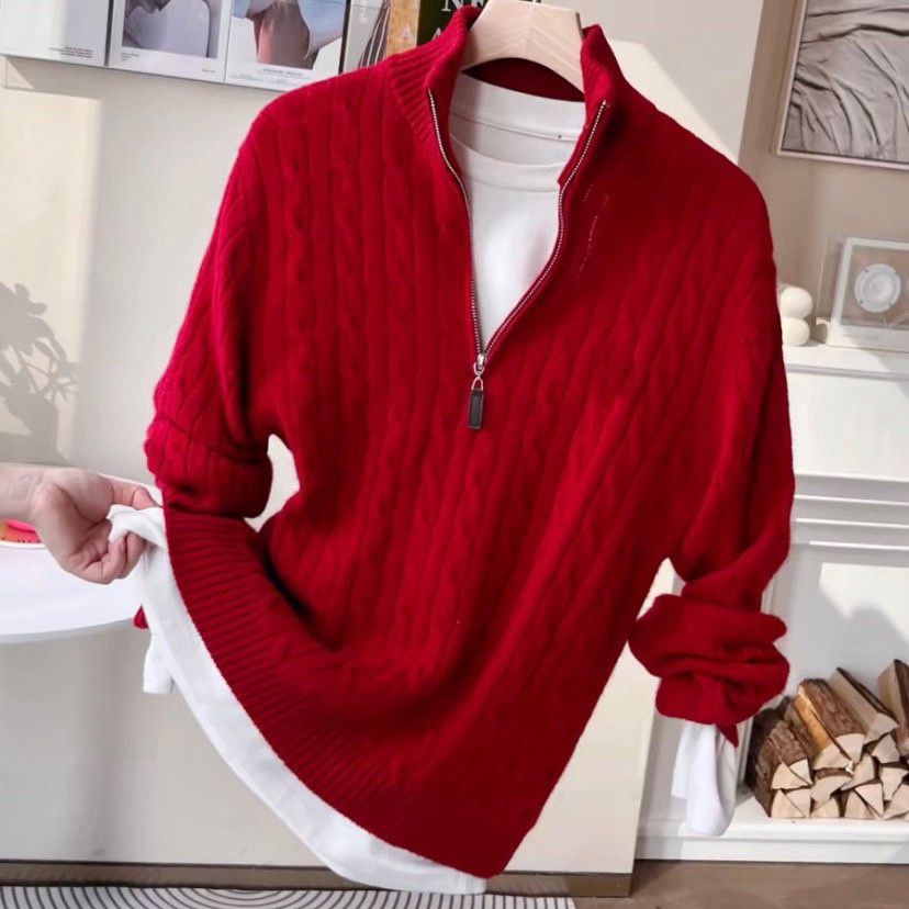 【拉夫经典扭花】100羊毛半开拉链领加厚重工扭花针织春秋时尚打底