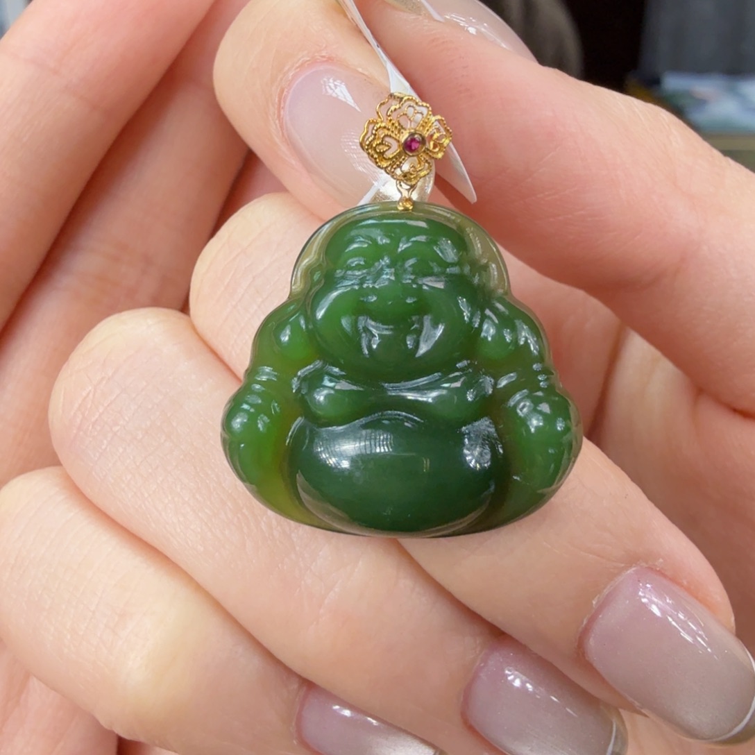 和田玉（碧玉）吊坠(赠链)18K金镶嵌