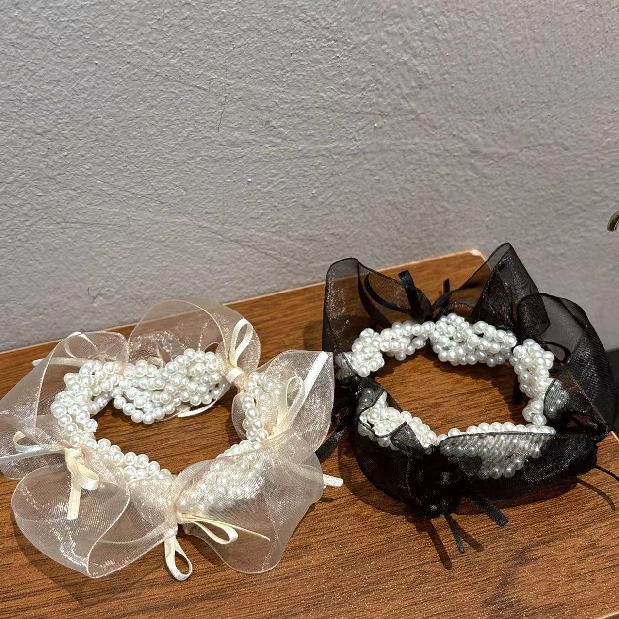 时尚珠珠薄纱蝴蝶结发圈T484