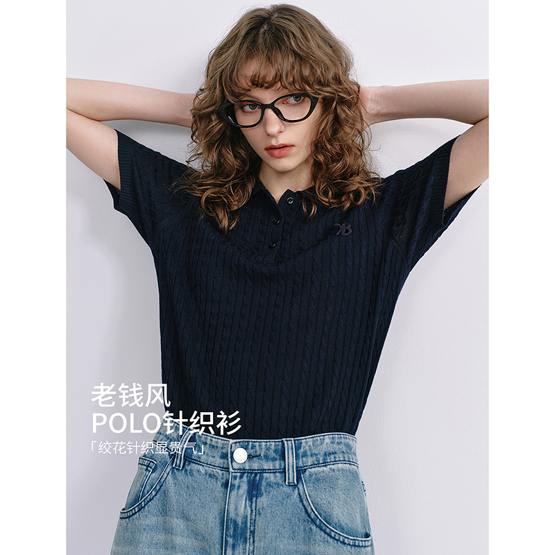 KBNE针织衫短袖女款爆款2025新款绞花刺绣学院风高级感针织衫洋气