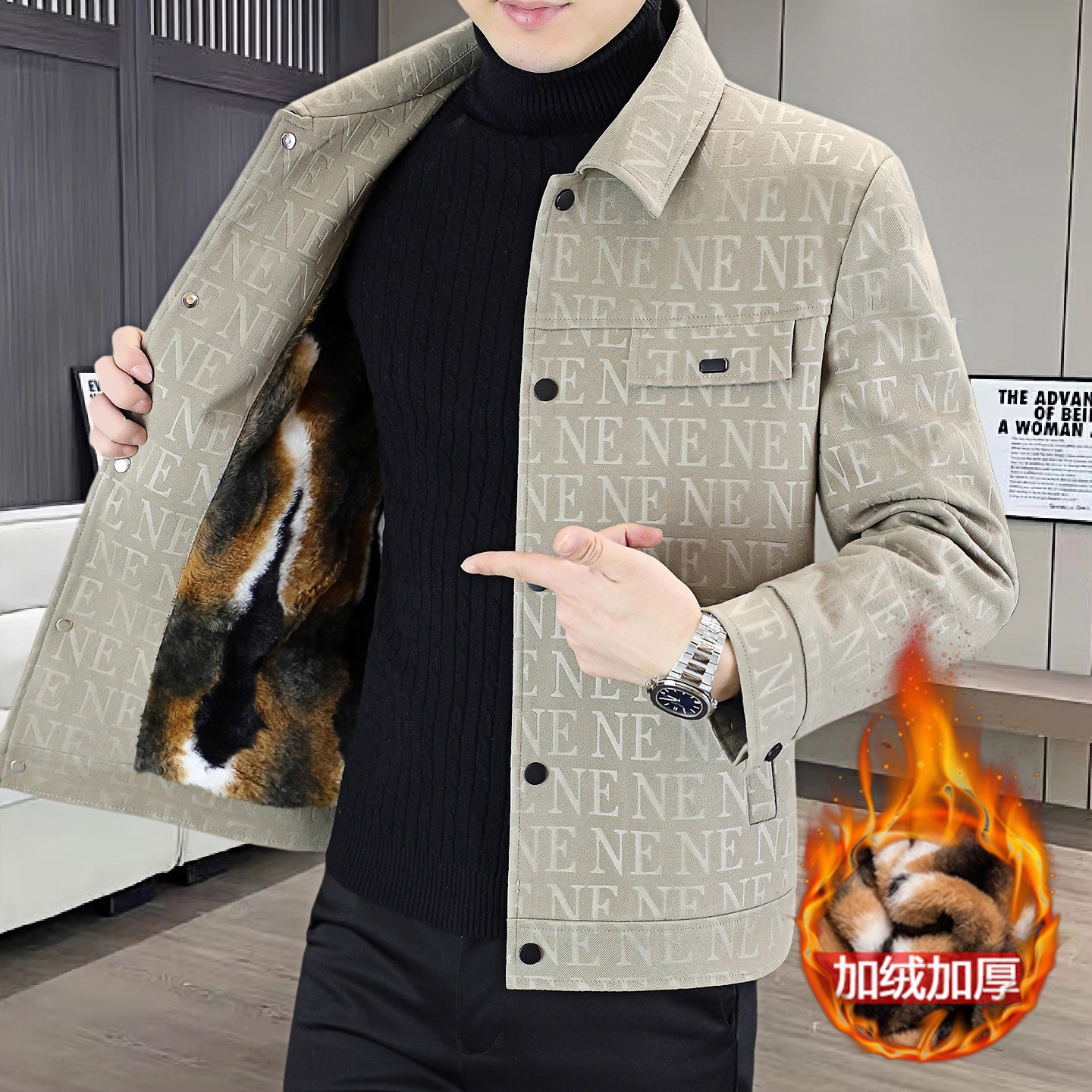 潮牌满印男士夹克外套男款秋冬季2025新款加绒加厚保暖毛呢上衣服