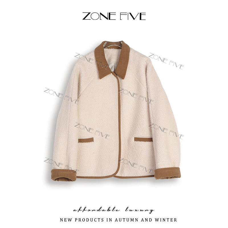 【ZONE FIVE】奶油泡芙”2025原版翻领小短款羊毛夹棉短外套-390