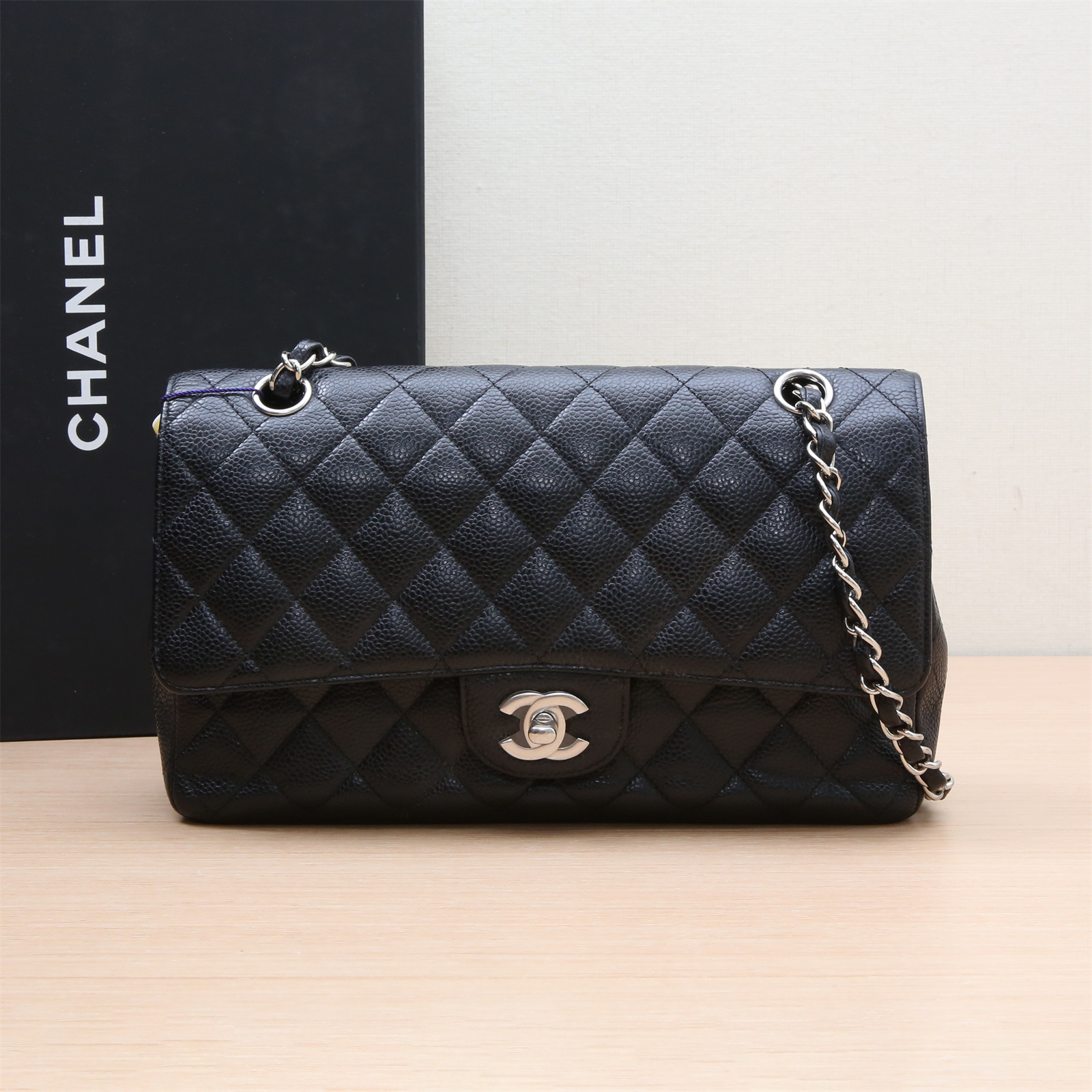 95新 Chanel/香奈儿 小花双双CF 口盖包 中号 黑色 14开 银扣