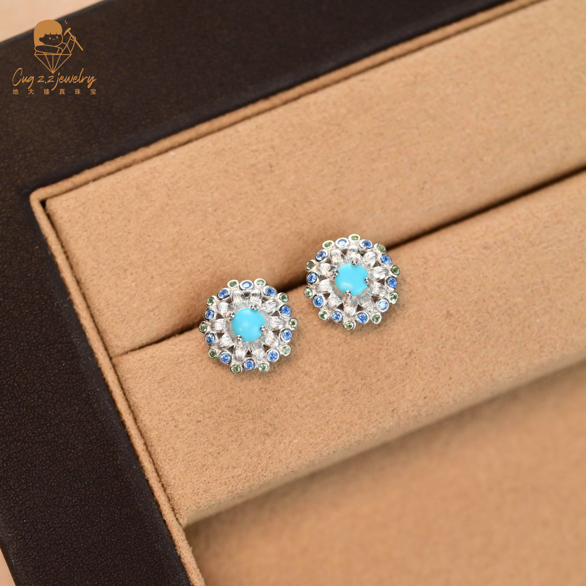 天然绿松石原矿湖北松小雏菊复古耳钉925银