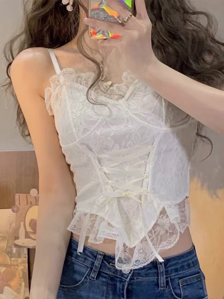 鑫花家法式绝美蕾丝小吊带上衣内搭带胸垫吊带背心女夏外穿