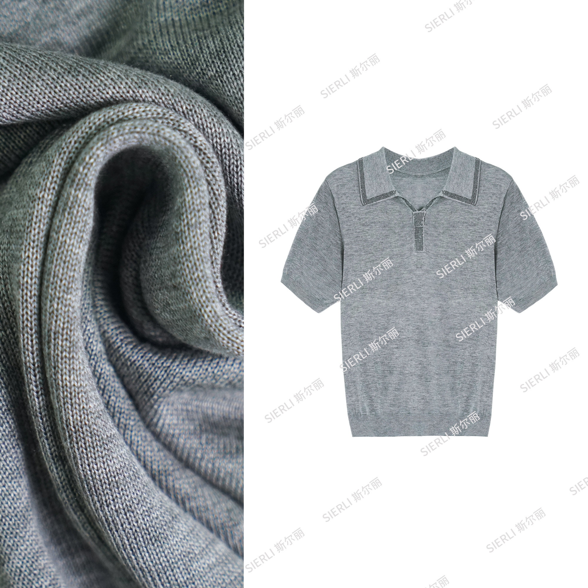 斯尔丽夏季polo翻领纯色针织烫钻气质薄款宽松显瘦百搭款上衣D324