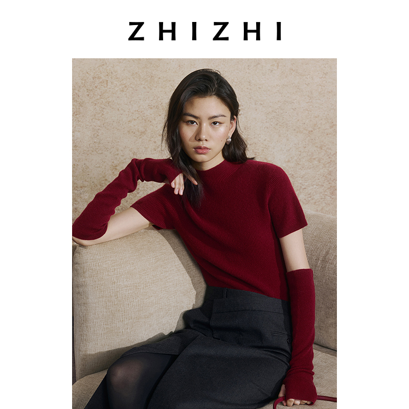 致知 桂华明 羊绒小高领短袖配袖套修身半高领25新款ZZ2EAKZL005