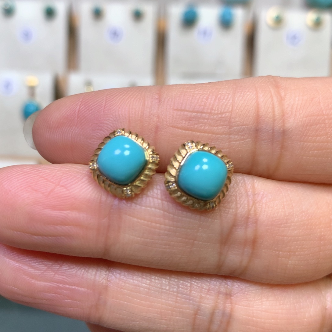 绿松石耳钉18K金镶嵌