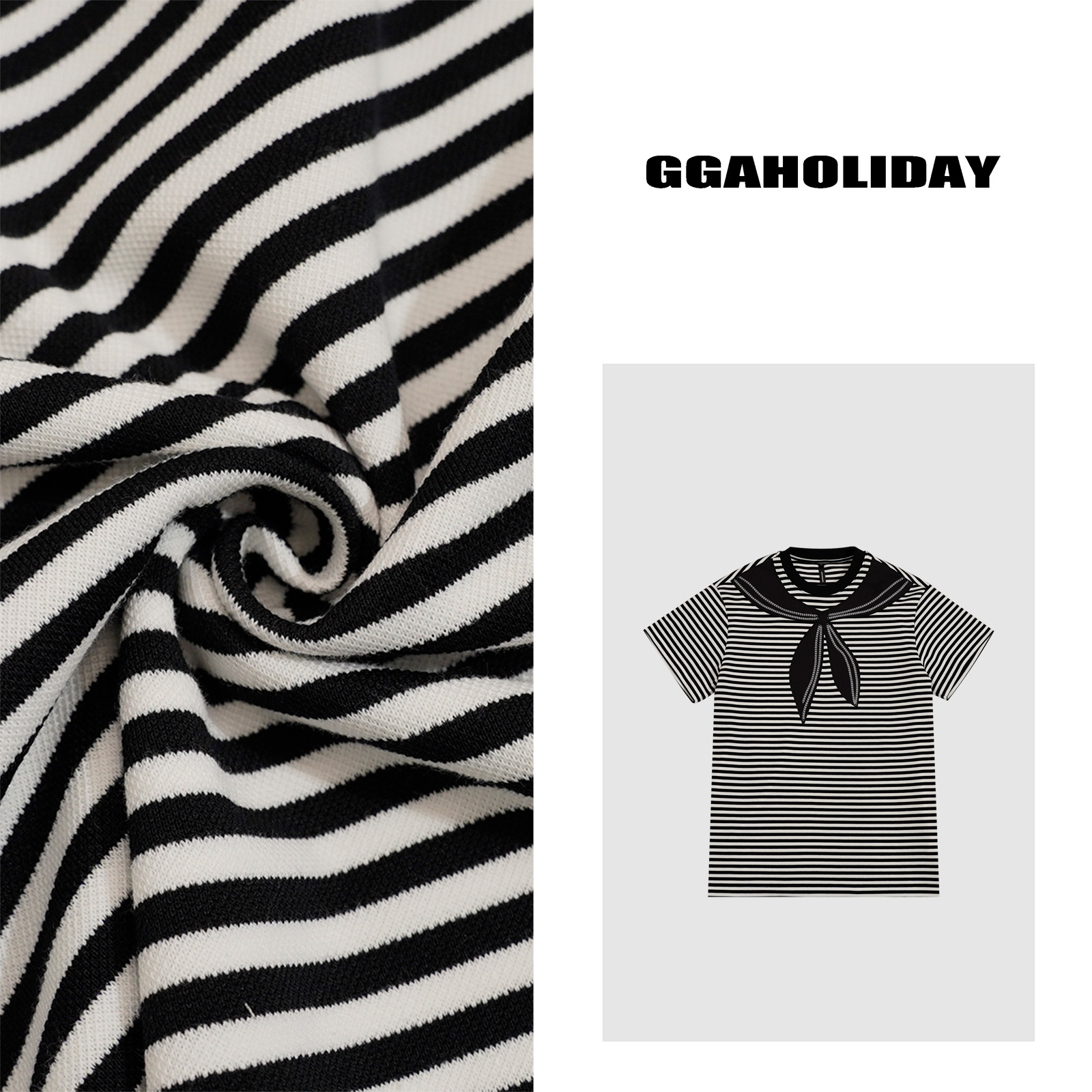 【上新】GGAHOLIDAY时尚休闲宽松假领设计黑白条纹短袖T恤-152441