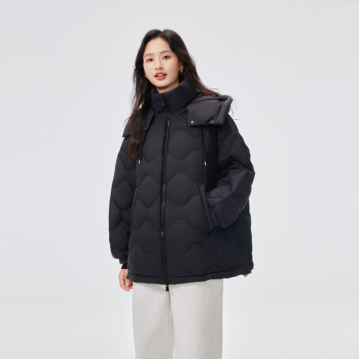 艾莱依｜【商场同款】暖绒系列葫芦绗线O型遮肉宽松连帽鸭绒羽绒