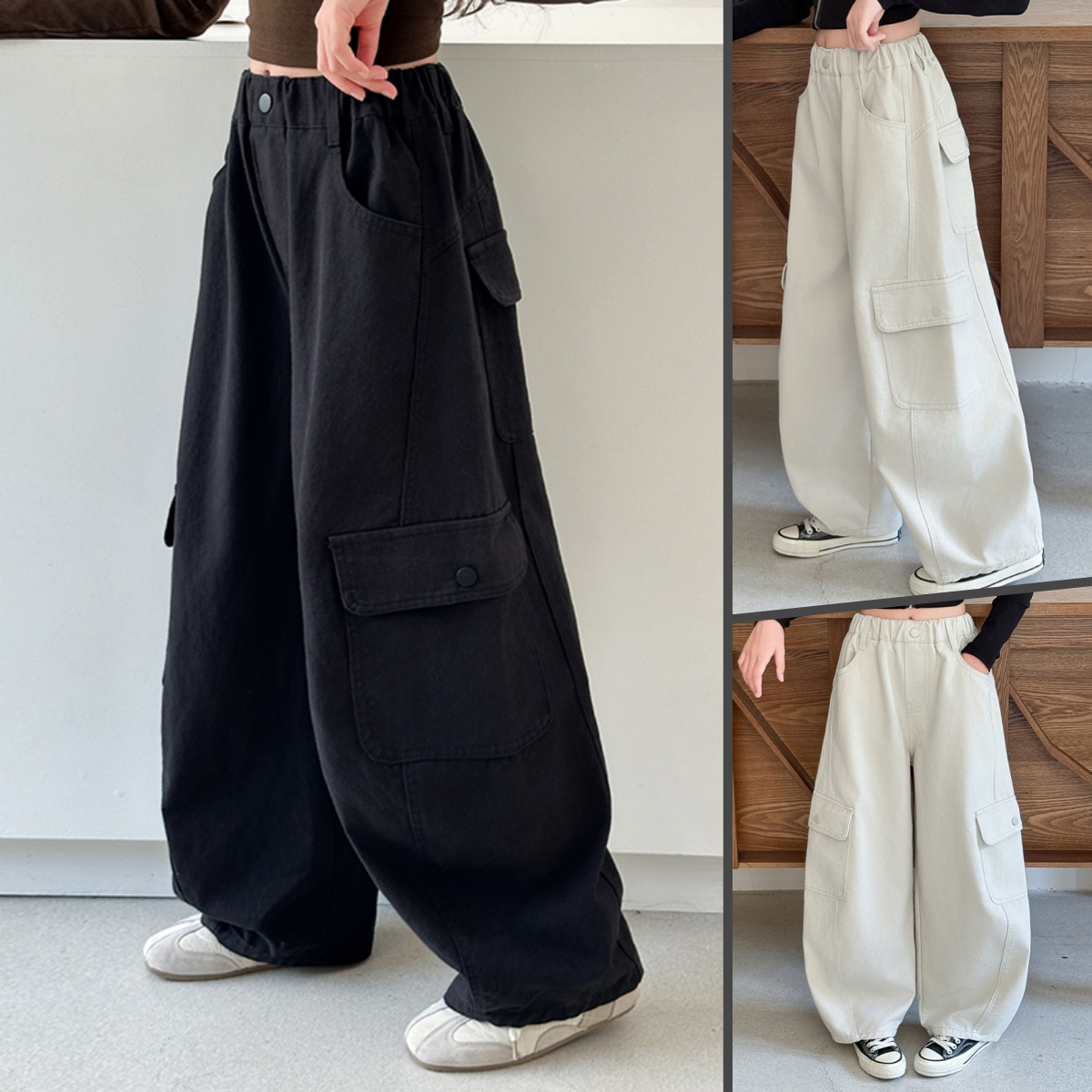 女童工装裤2025新款中大童百搭宽松阔腿裤儿童直筒休闲裤春秋裤子