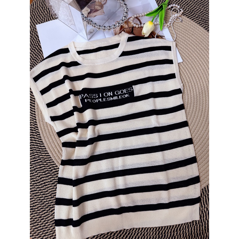 031针织条纹短袖T恤女夏季新款宽松薄款圆领小飞袖体恤拼色上衣