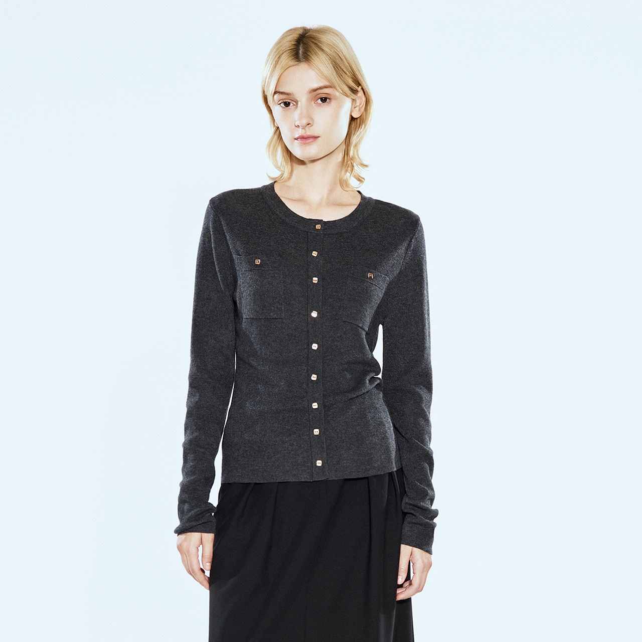 COVERINS2025春季格雷系圆领羊毛针织小香风气质开衫CC35106320