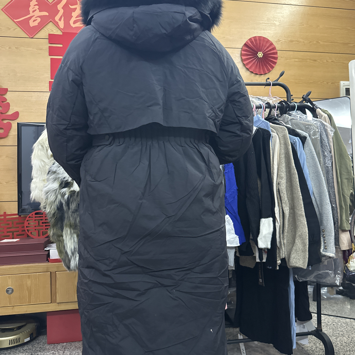 拉夏时尚显瘦可拆卸帽羽羽长款女士羽羽