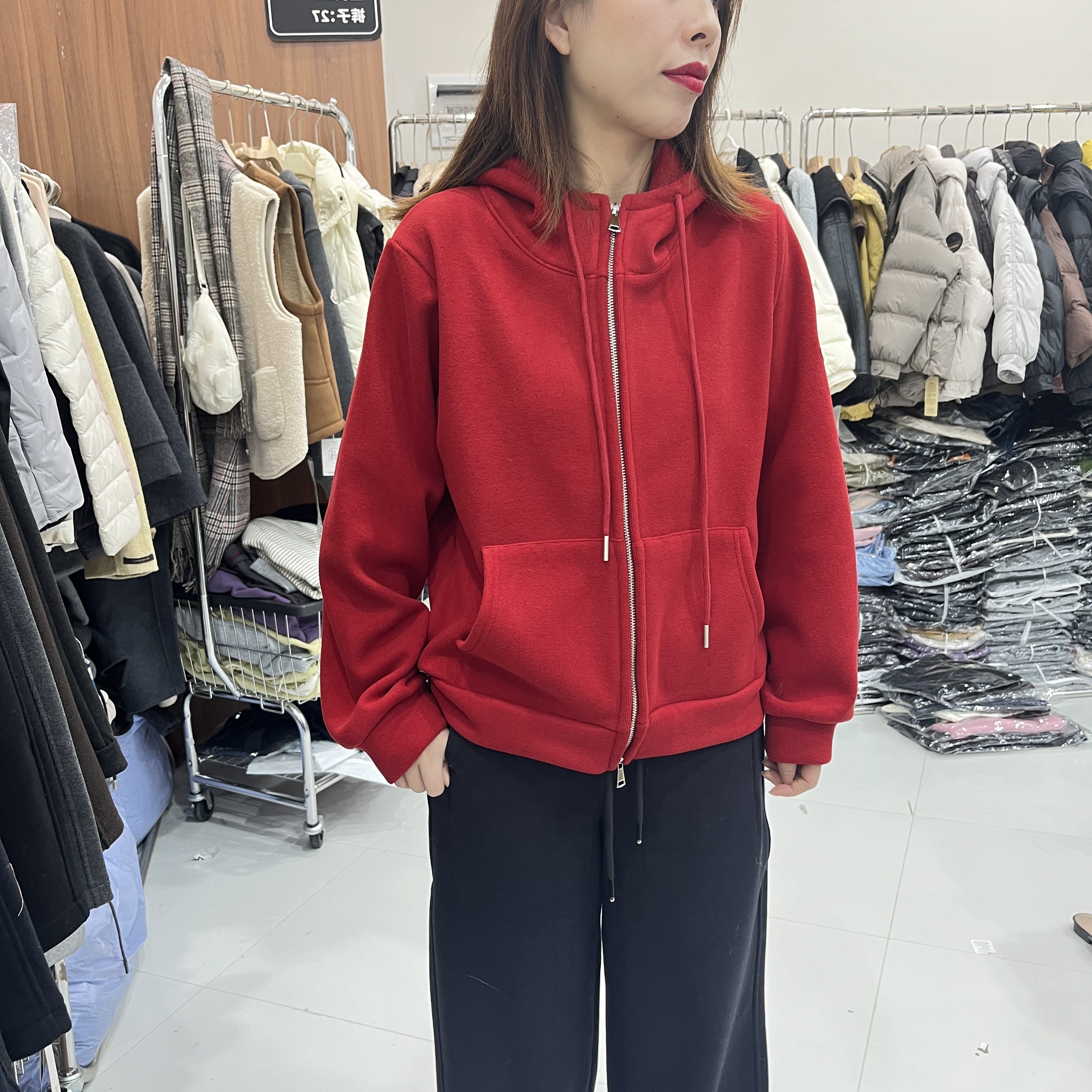 双拉链头连帽拉链卫衣女加绒百搭显瘦外套上衣1906