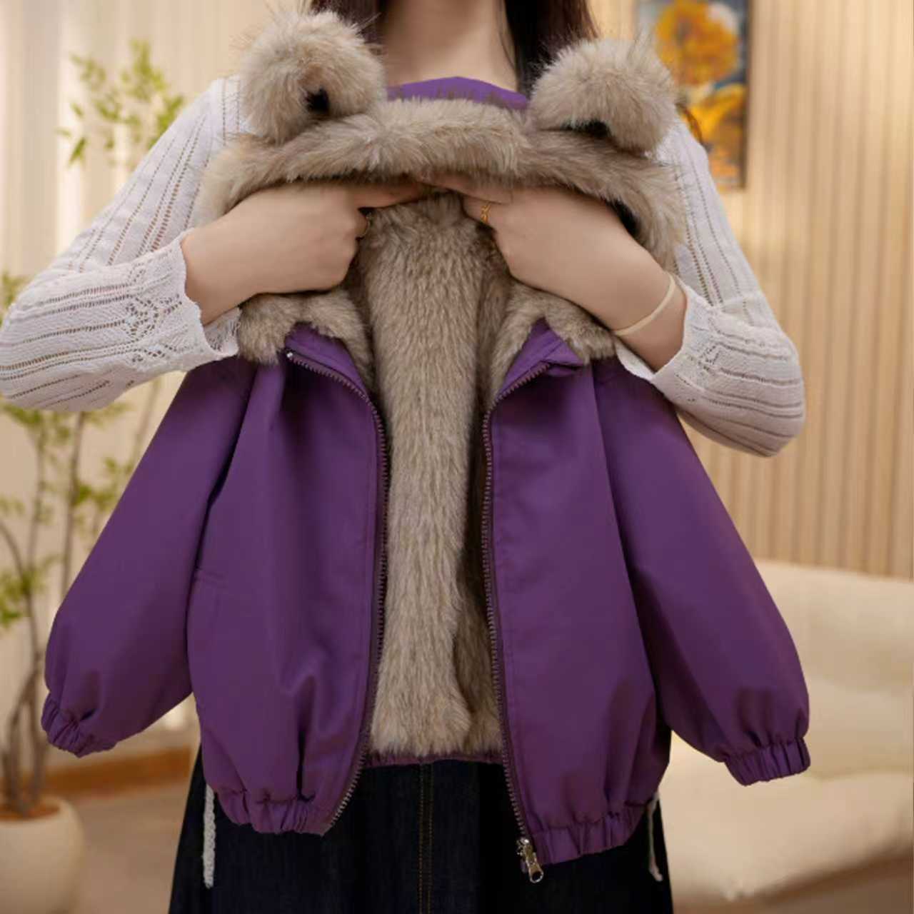 3078女童外套冬装2025新款中大儿童加绒加厚双面穿连帽上衣