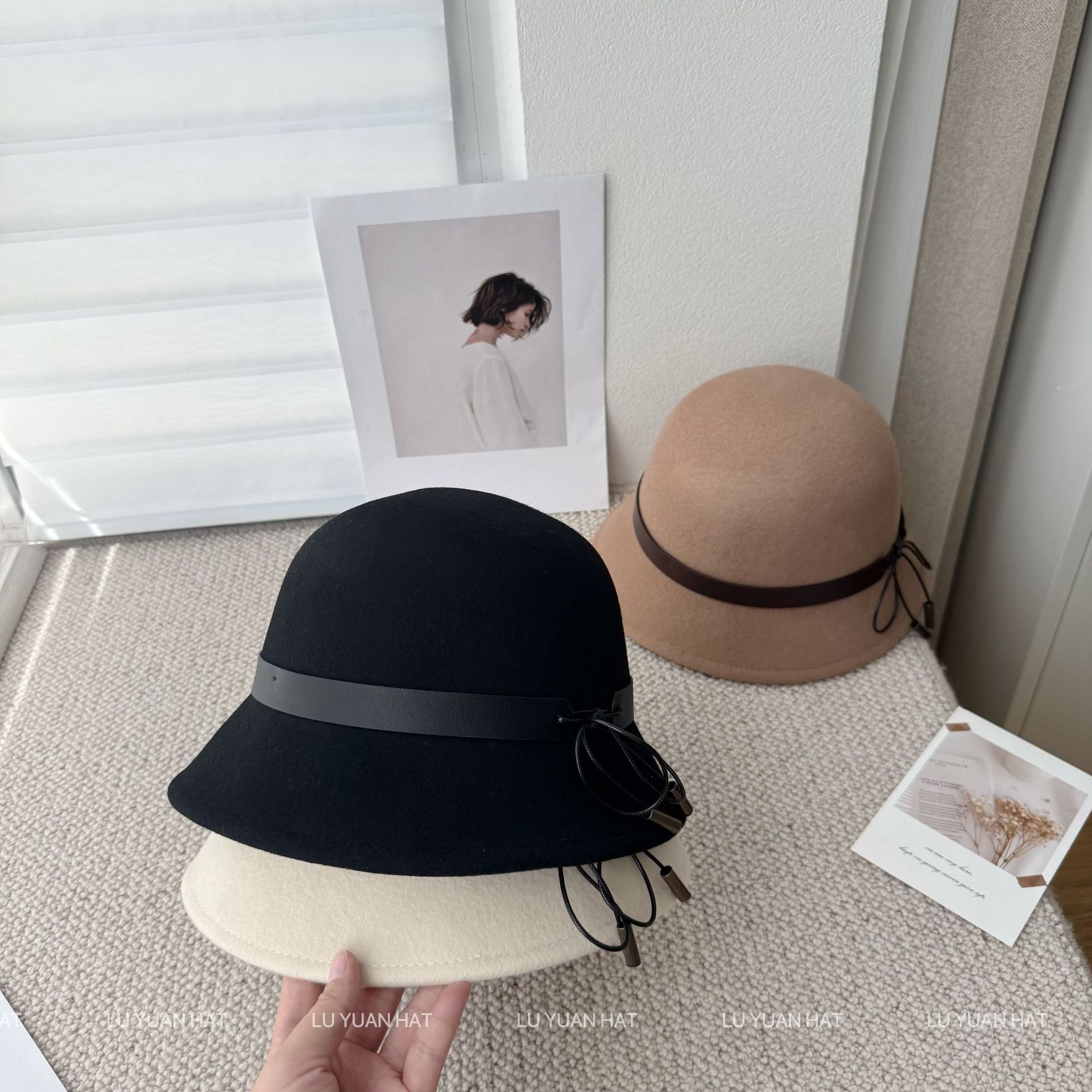 法式赫本风皮绳蝴蝶结礼帽女秋冬羊毛呢千金盆帽高级感渔夫帽子潮