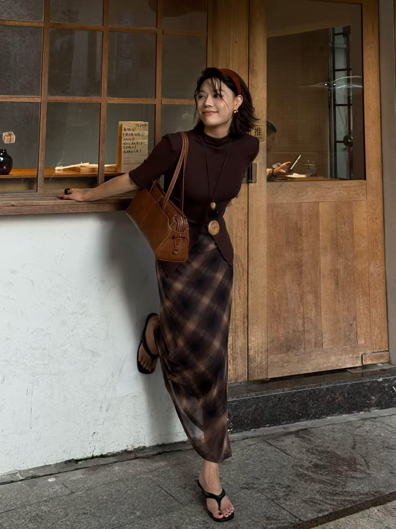 DENGDAHA 「迷雾航线」A字复古格纹伞裙 半身裙女 C0005