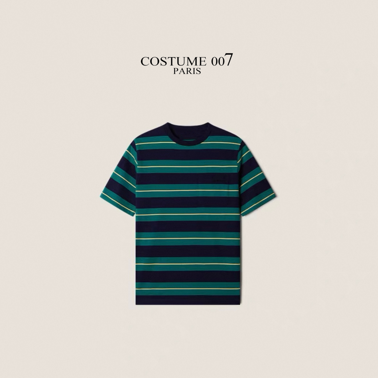 Costume007 时尚新款女士条纹T恤圆领徽标口袋短袖上衣