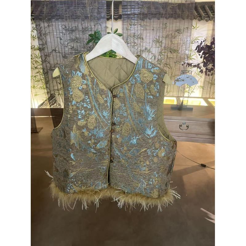 7498马夹双面两面刺绣毛马甲牛仔女圆领常规款薄款民族风