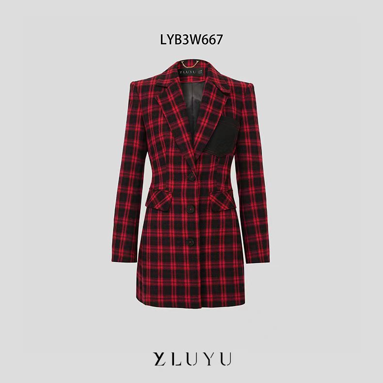 LUYU/鲁遇宽松型常规款格子长袖常规西装红色中长款秋季LYB3W667