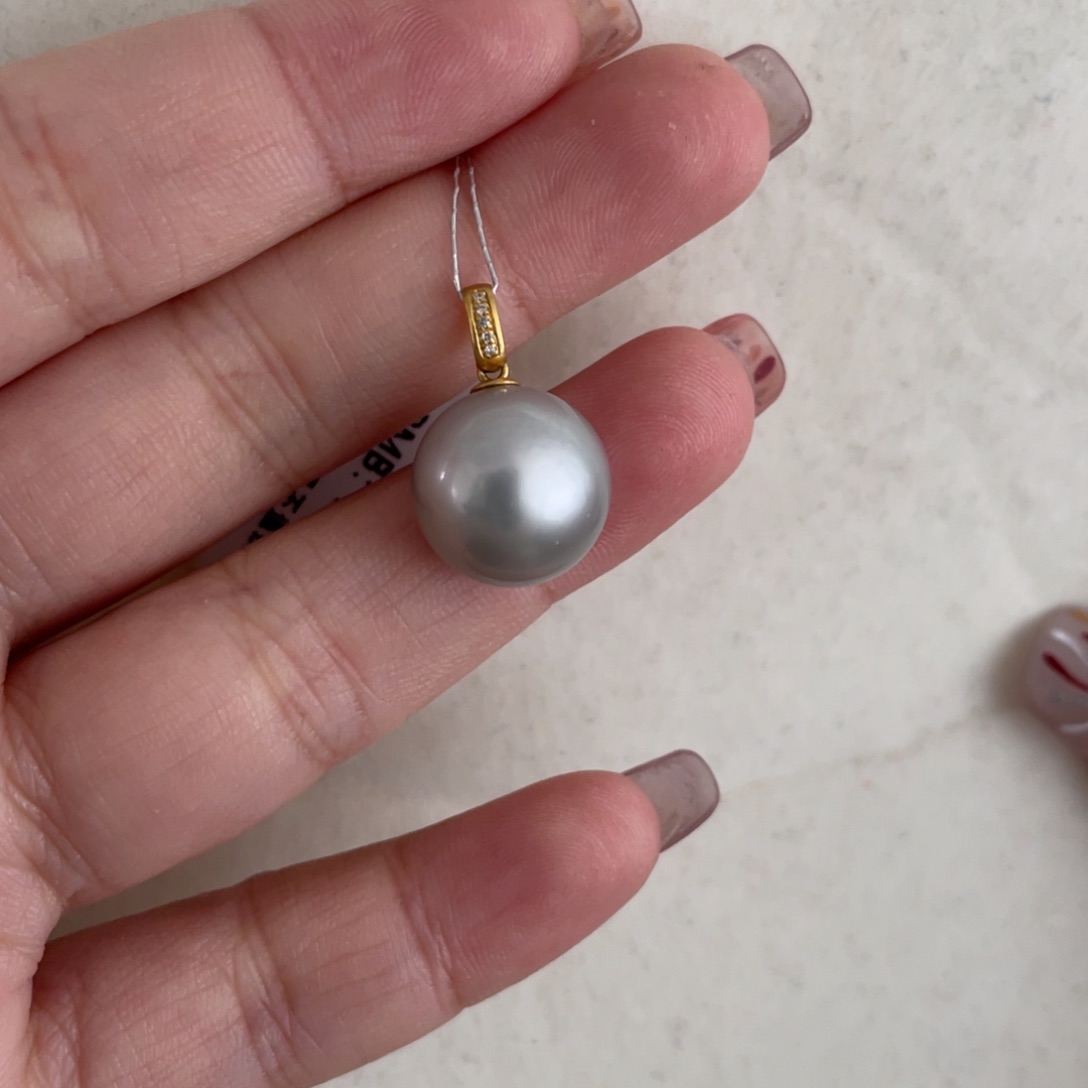 海水珍珠吊坠(不含链)18K金镶嵌13-14mm