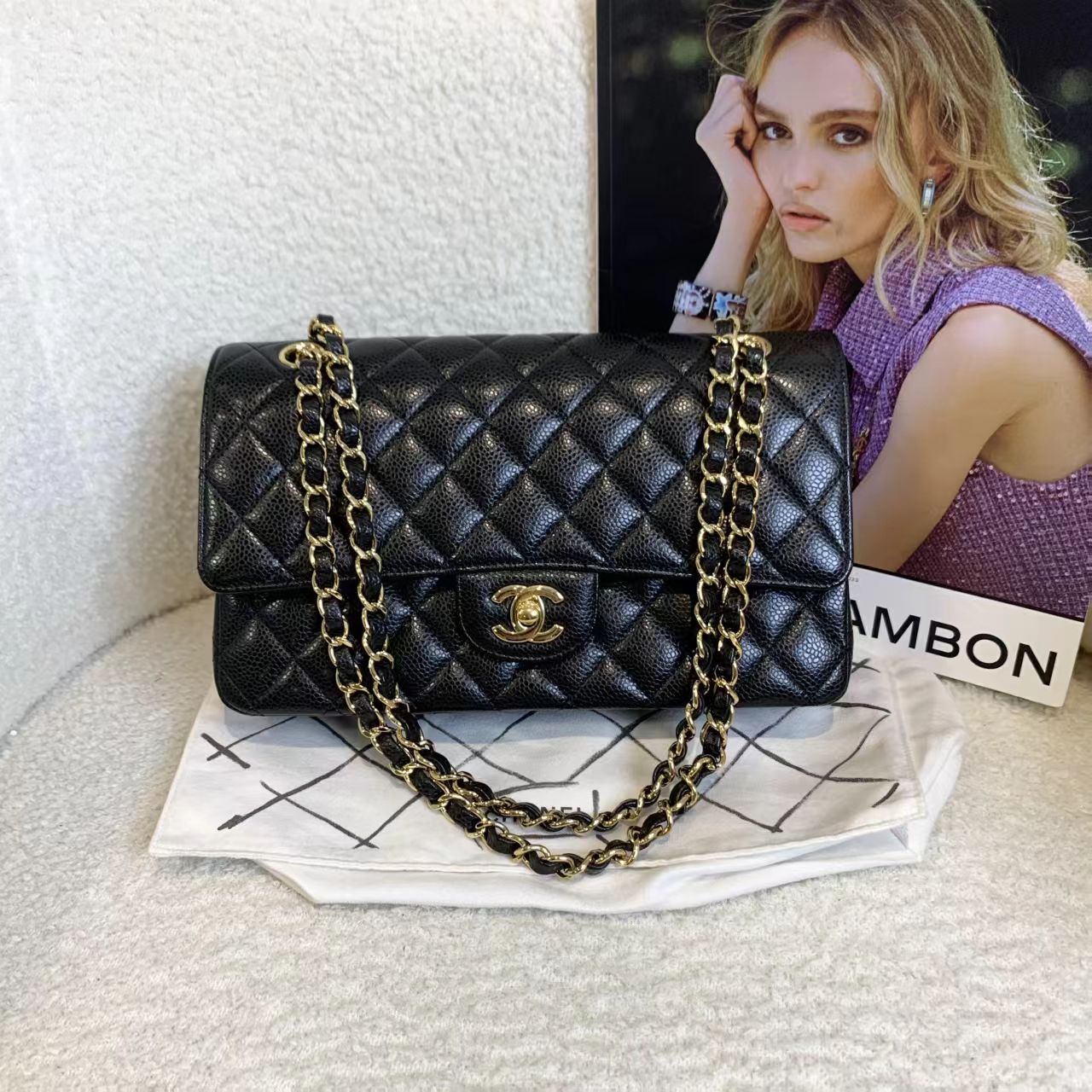 99新 Chanel/香奈儿 壹臻/黑金荔枝cf中号包 24开/68950150