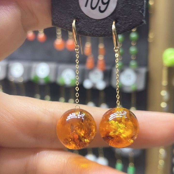 琥珀（花珀）18K金镶嵌耳饰