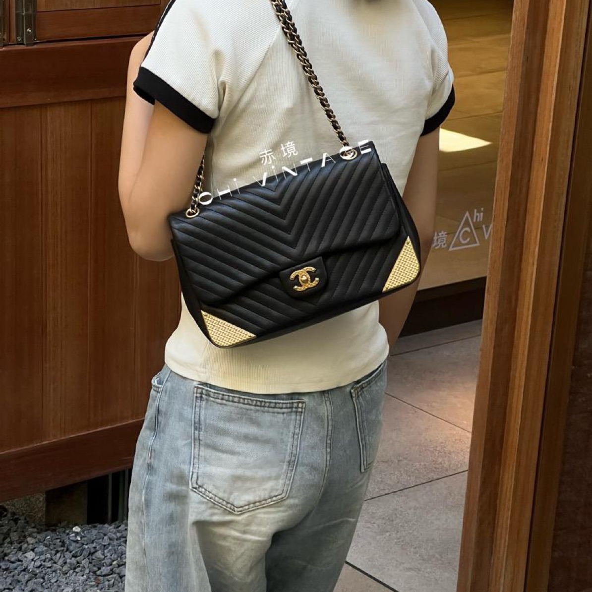 95新 Chanel/香奈儿 6935 黑金宫廷V纹CF单肩包 18年