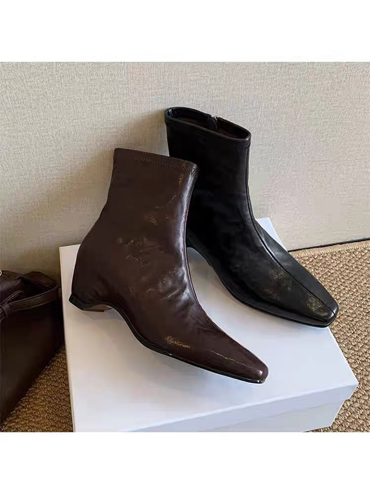 9942-1/自留自留天天穿头层羊皮皮面版内增高短靴法式小短靴