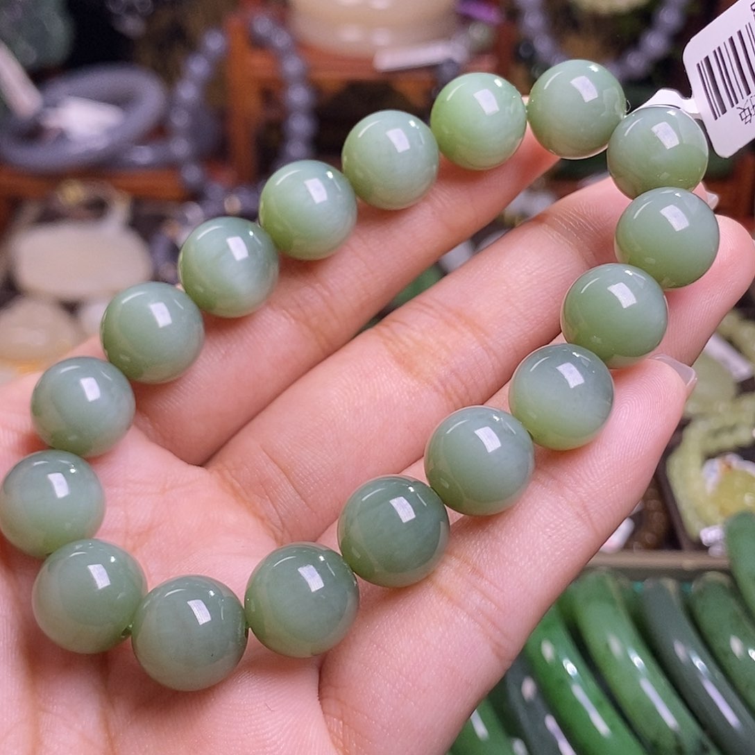 和田玉未镶嵌碧玉猫眼粉青手链12MM