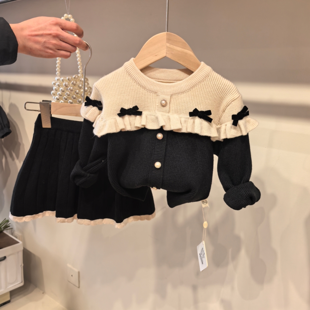 女童2025秋冬季新款儿童气质小香蝴蝶结毛衣套装