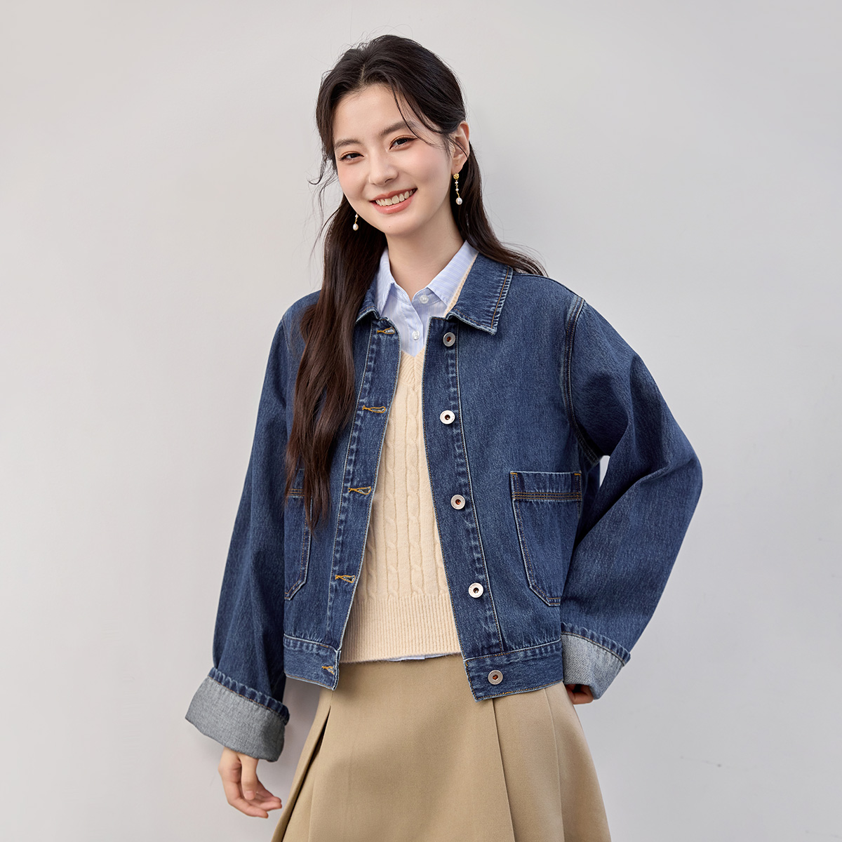茵曼复古宽松休闲百搭牛仔外套女2025年秋季新款夹克短款女士上衣