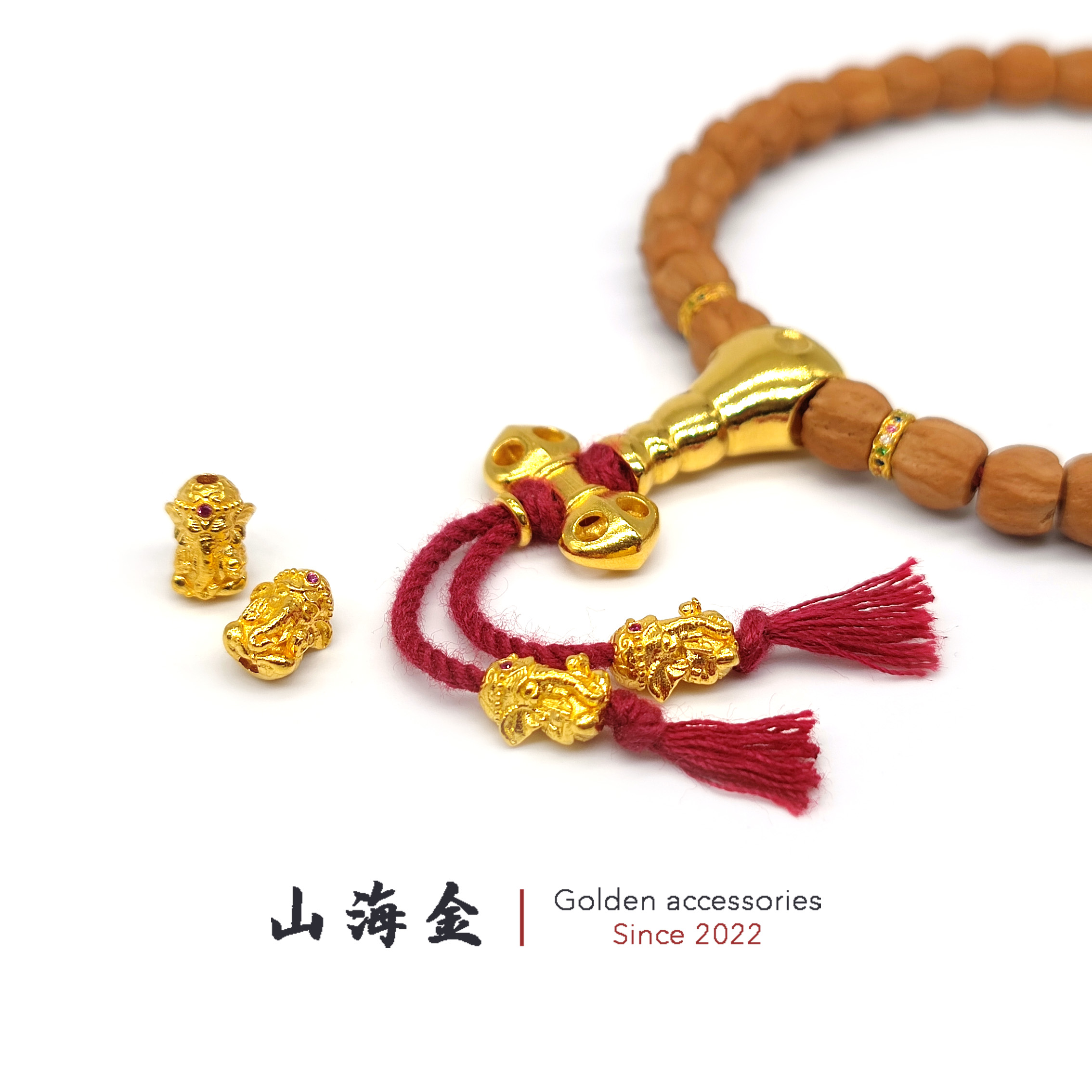 山海金 24K纯黄金999足金小象神弟子珠隔珠尾坠文玩手串佛珠配饰