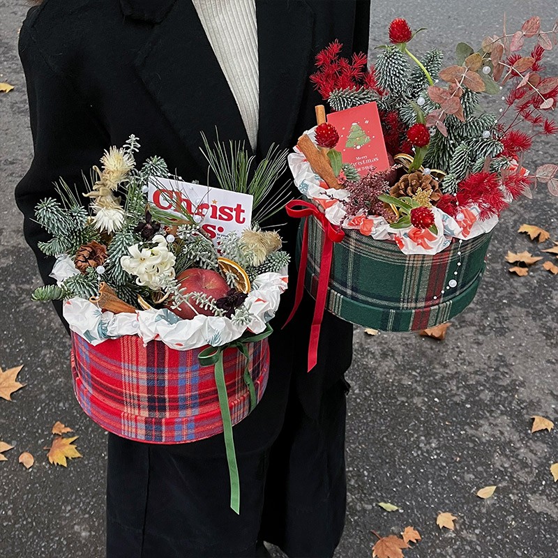 【御花园】圣诞小香风圆盒圣诞礼物插花盒苹果盒水果鲜花盒手工diy