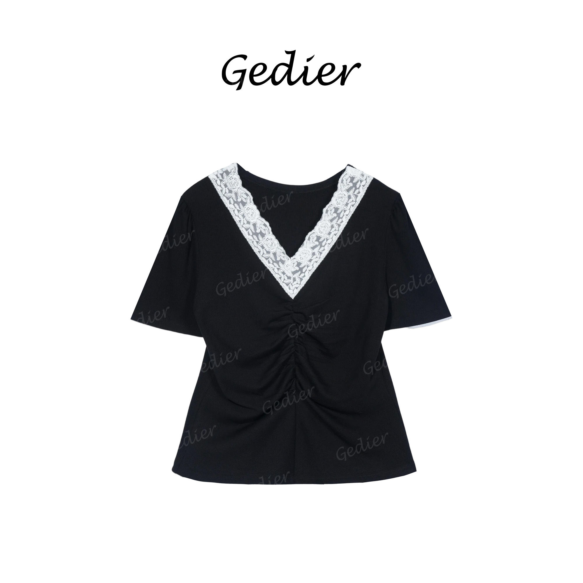 【歌蒂尔】2025夏季新款欧若风V领蕾丝时尚设计短袖T恤 TG510621Y