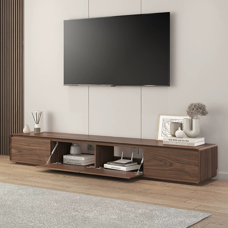 胡桃色电视柜茶几组合北欧现代简约实木圆角翻盖款电视机柜落地柜