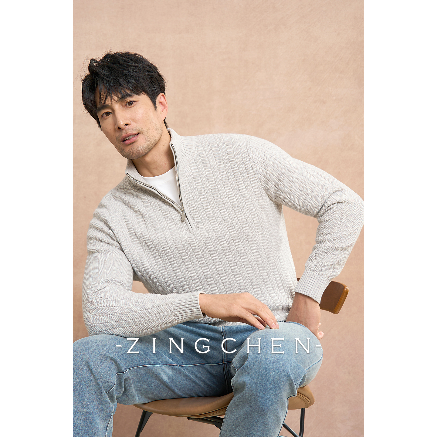 【可机洗棉山羊绒】ZINGCHEN人字纹拉链半高领毛衣秋冬重磅针织衫