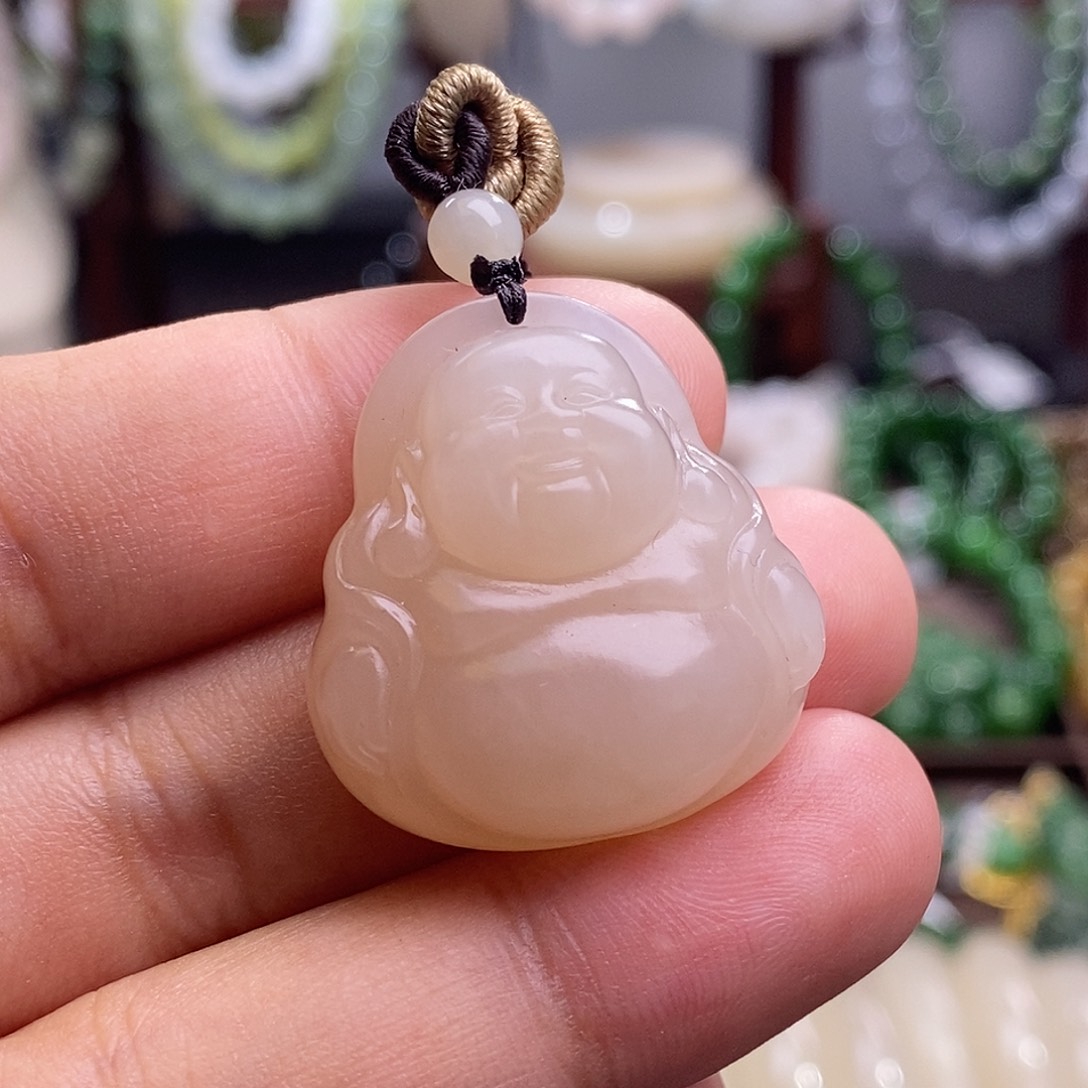 和田玉收藏级浓藕粉红粉羊脂级佛公吊坠未镶嵌