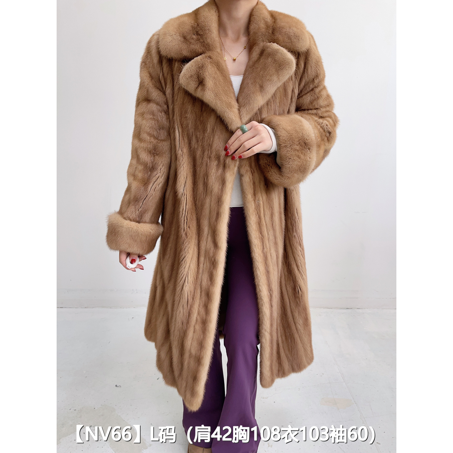 【NV66】L 奶茶棕长款全抽貂皮大衣外套女 西装领挽袖 20066