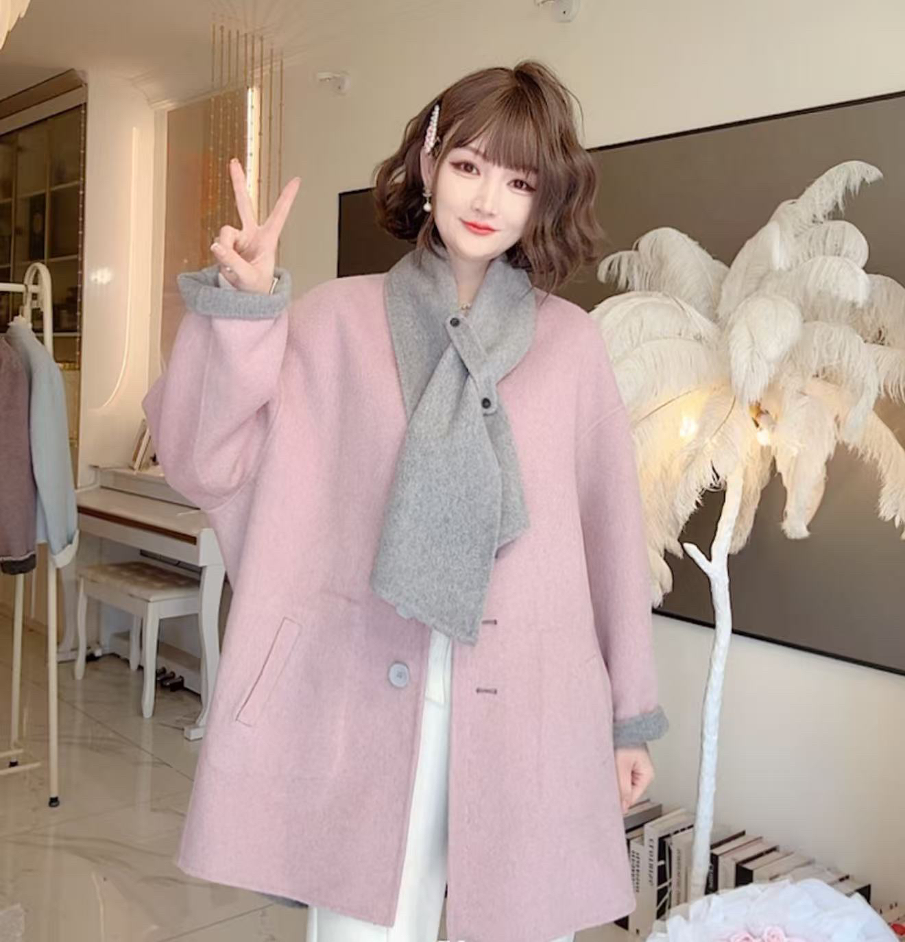 加厚两件套"双面穿，一件顶两件”配羊毛围巾中长款羊毛外套2025