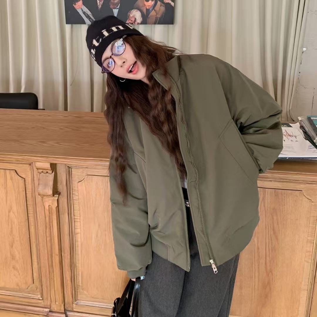  美式立领短款夹棉加厚棒球服外套男女秋冬季宽松大码情侣款